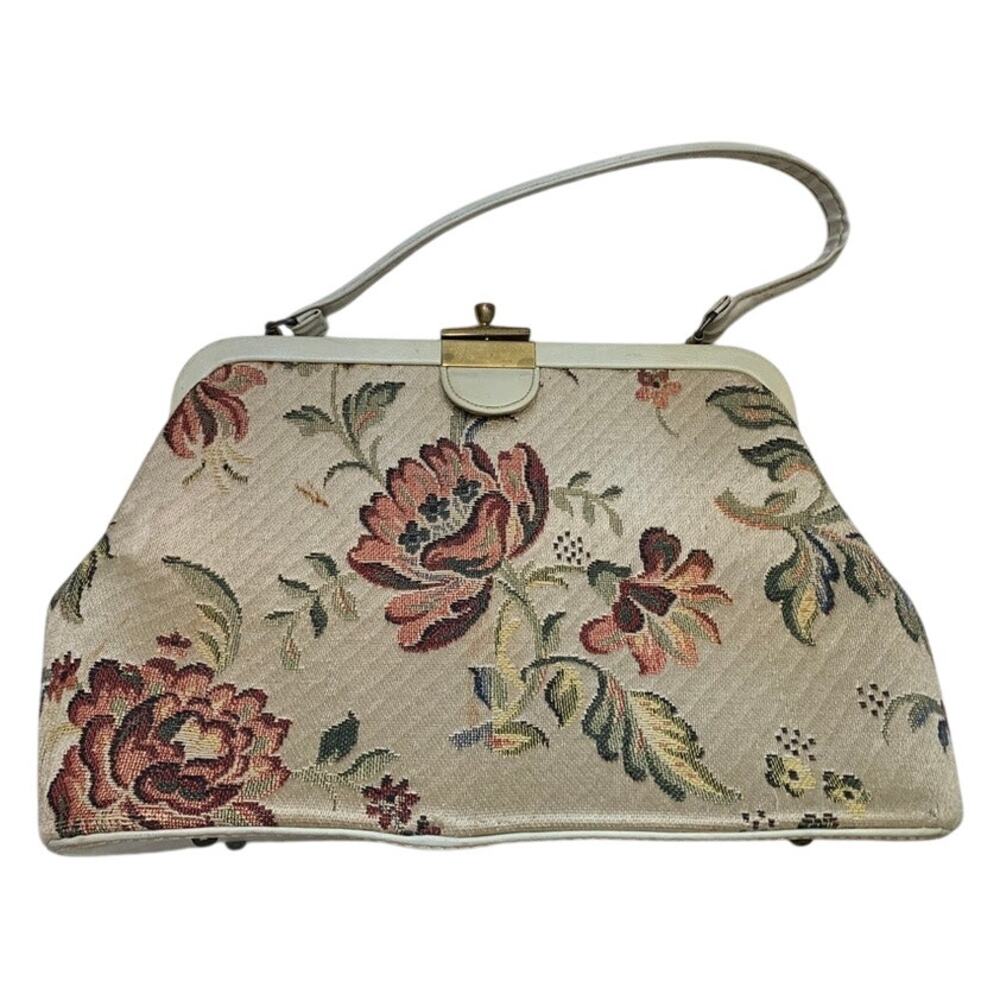 Vintage Carpet Bag Purse Clasp Top Pocket Handles Tote Floral Tapestry Ivory Red